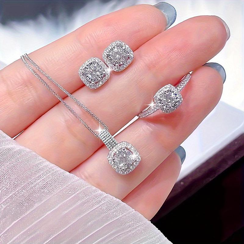3 Pcs Silver Plated Square Design Crystal Jewelry Set for Women