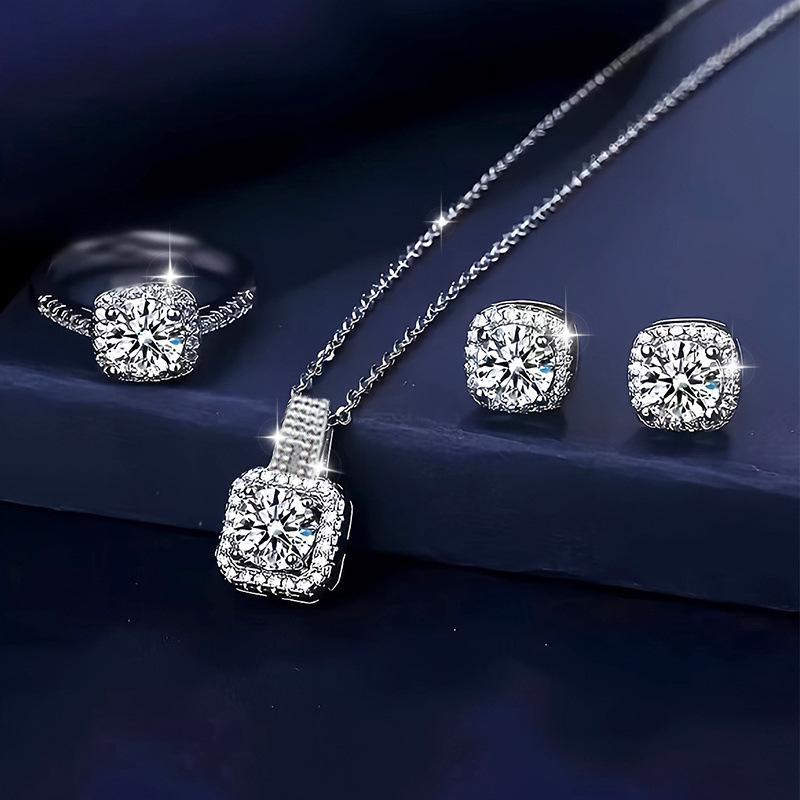 3 Pcs Silver Plated Square Design Crystal Jewelry Set for Women