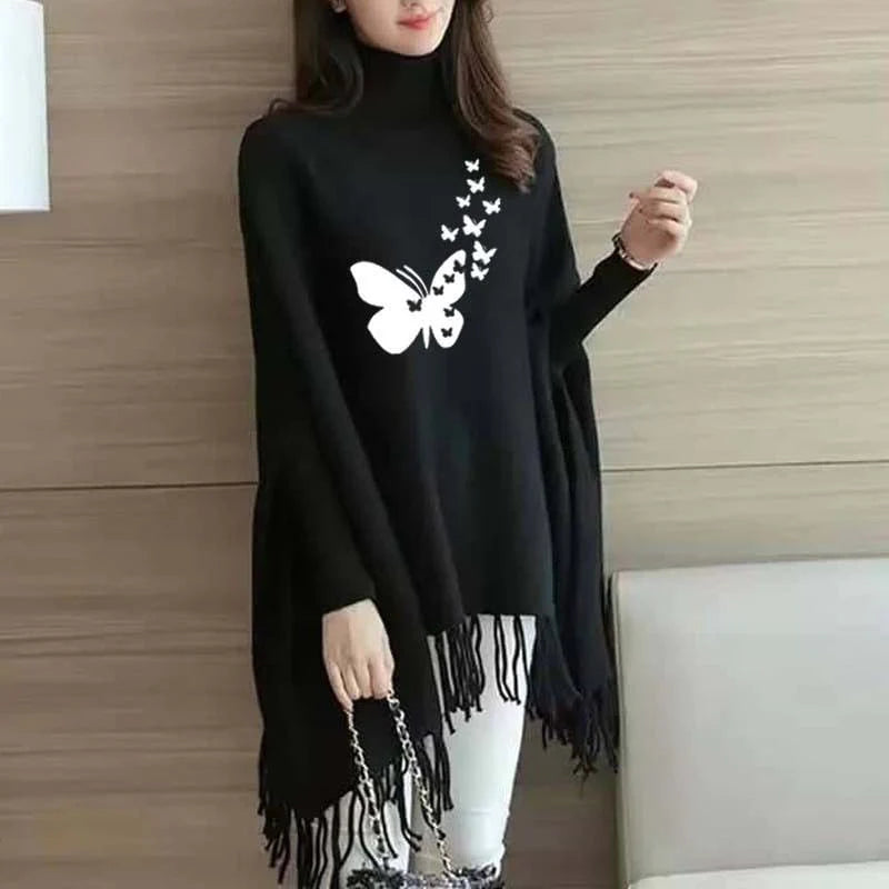 Women's Polyester Butterfly Printed Poncho Cape Shawl